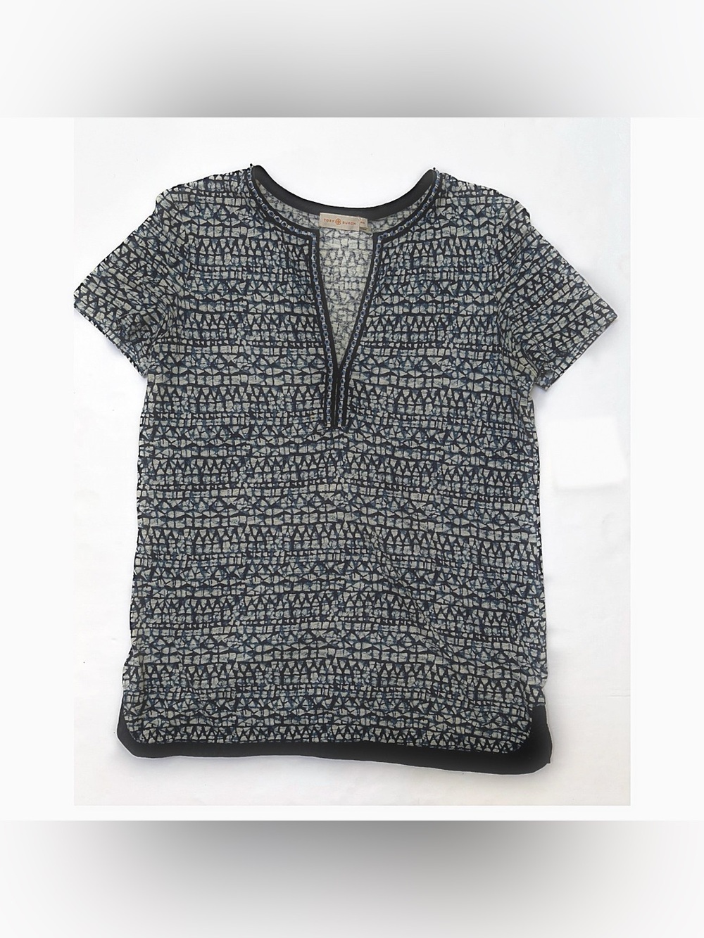 Tory Burch Women’s 100% Linen Navy White Batik Print Beaded Shirt | Size: M